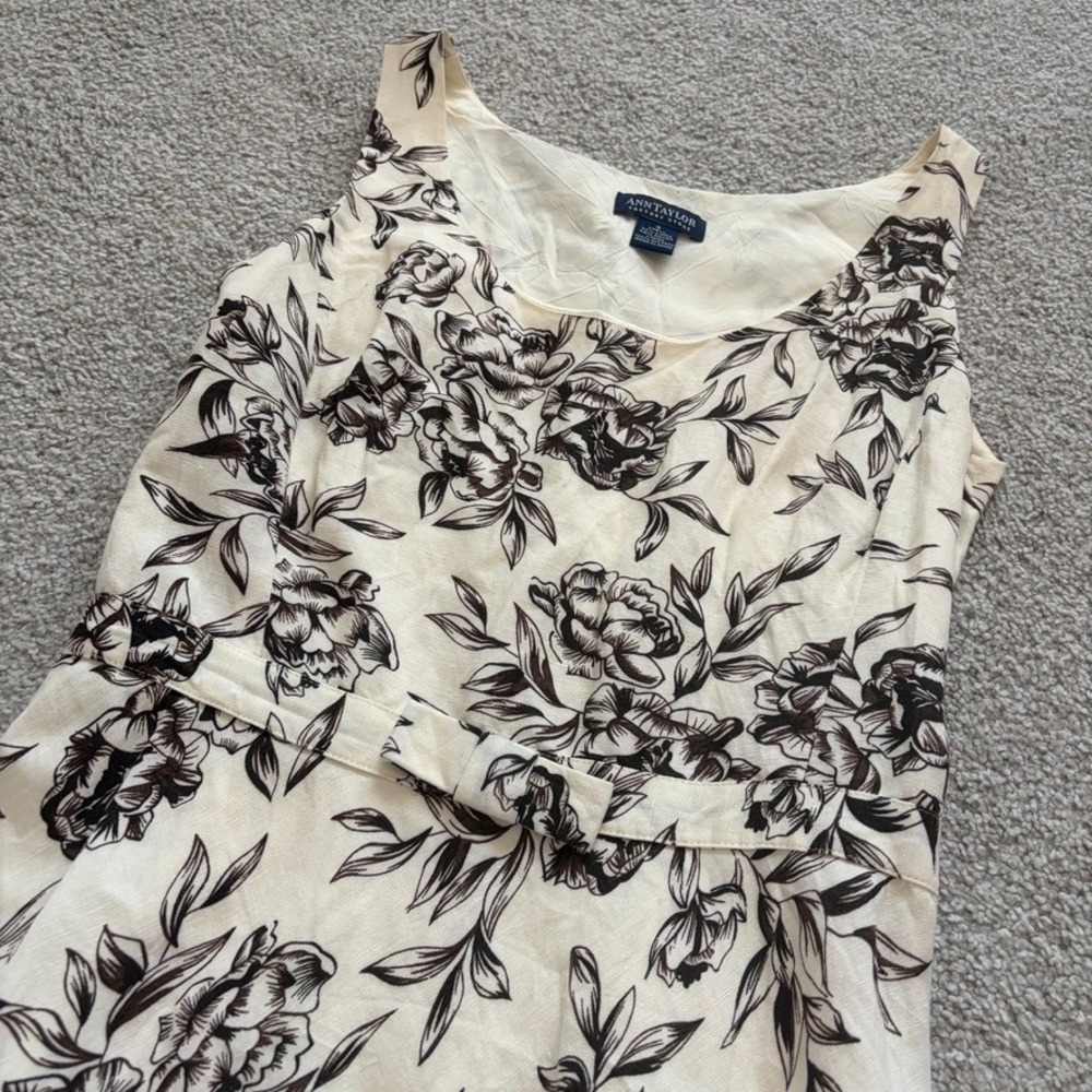 Ann Taylor Babydoll Midi Dress Womens 4 Cream Brown Floral Chic Romantic English - Picture 2 of 7
